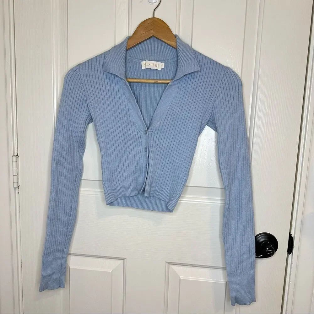 Meshki Periwinkle Blue Ribbed Button Down Long Sleeve Crop Top Sz S Coquette